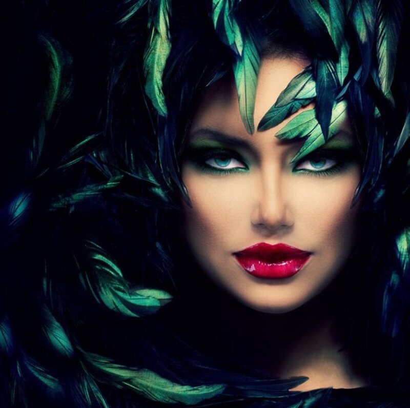Woman with Green Feathers — Dramatic, Photograph