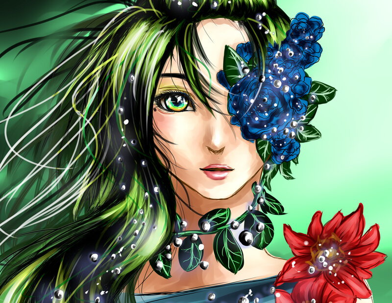 woman with green hair and flowers