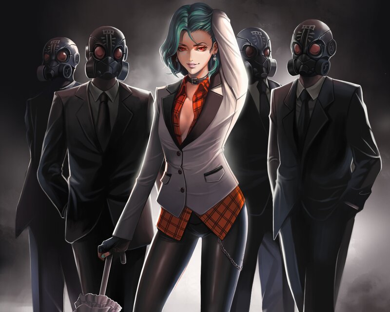 Woman with Green Hair — Black, Dramatic, Digital Art, Gas Masks