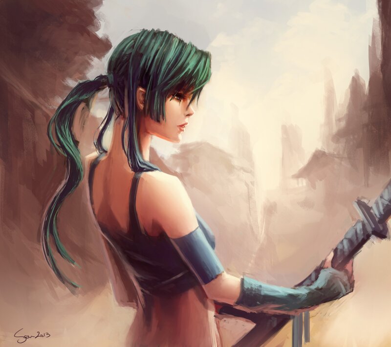 Woman with Green Hair — Contemplative, Digital Art, Sword
