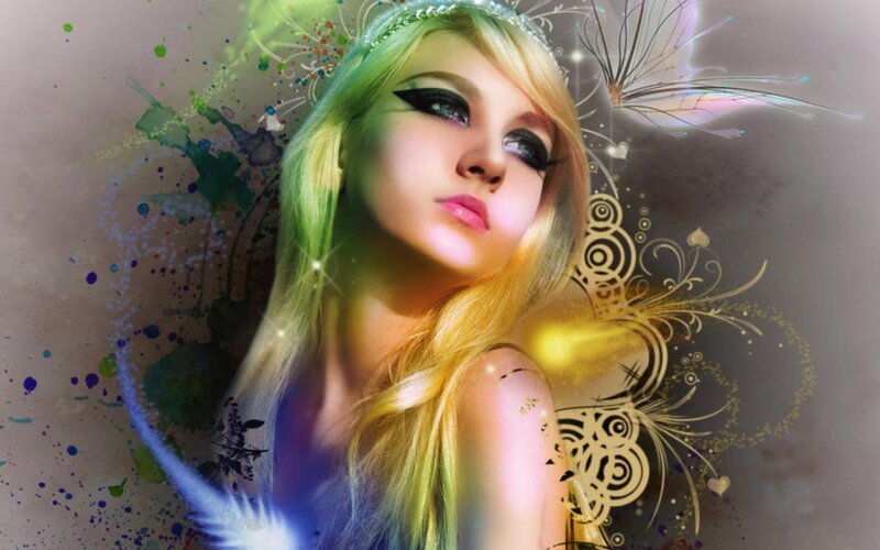 Woman with Green Hair — Dramatic, Digital Art, Butterfly, Splatter