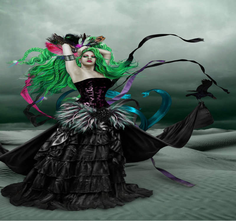 Woman with Green Hair — Dramatic, Digital Art, Feather Headdress