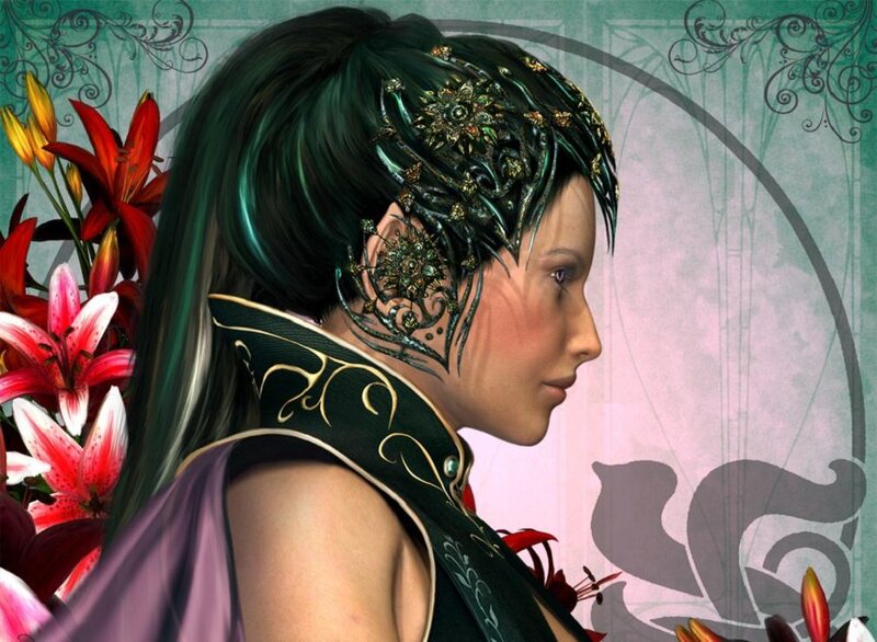 Woman with Green Hair — Dramatic, Digital Art, Flowers