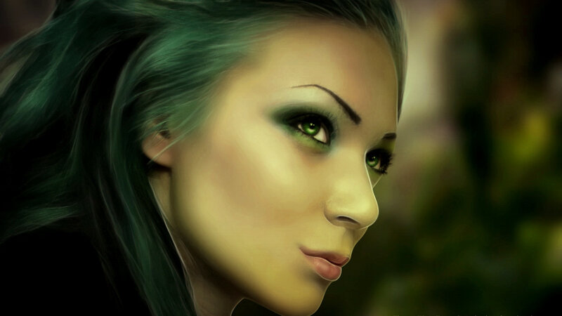 Woman with Green Hair — Dramatic, Digital Art, Green Eyes