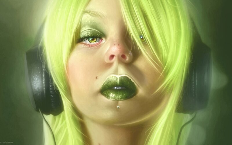 Woman with Green Hair — Dramatic, Digital Art, Headphones, Lip Piercing