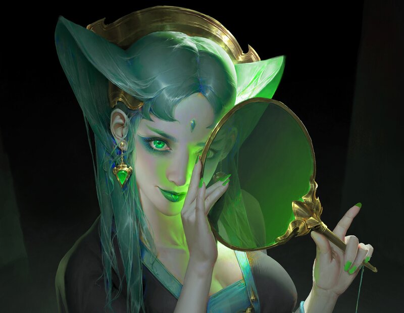 Woman with Green Hair — Dramatic, Digital Art, Mirror