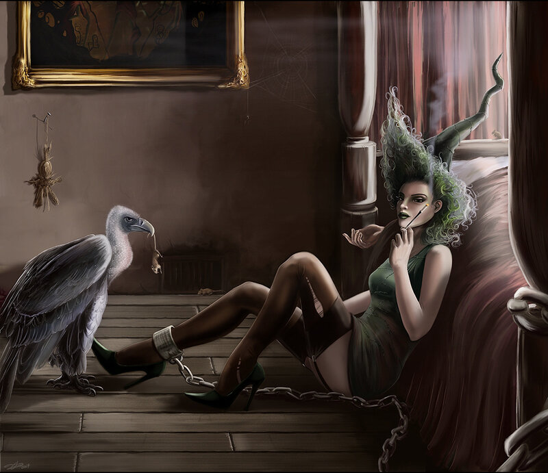 Woman with Green Hair — Dramatic, Digital Art, Vulture, Chains, Candle