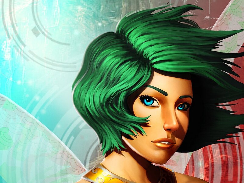 Woman with Green Hair — Dramatic, Digital Art, Wings, Blue Eyes