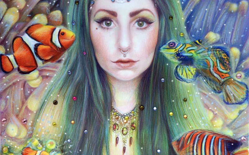 Woman with Green Hair — Dreamy, Digital Art, Fish