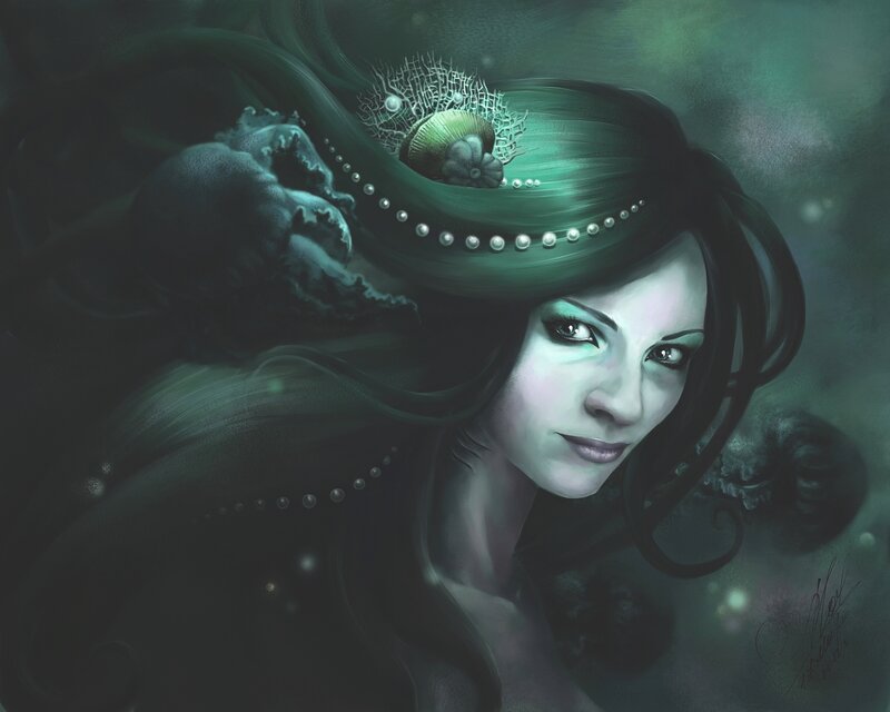 Woman with Green Hair — Mysterious, Digital Art, Seashell