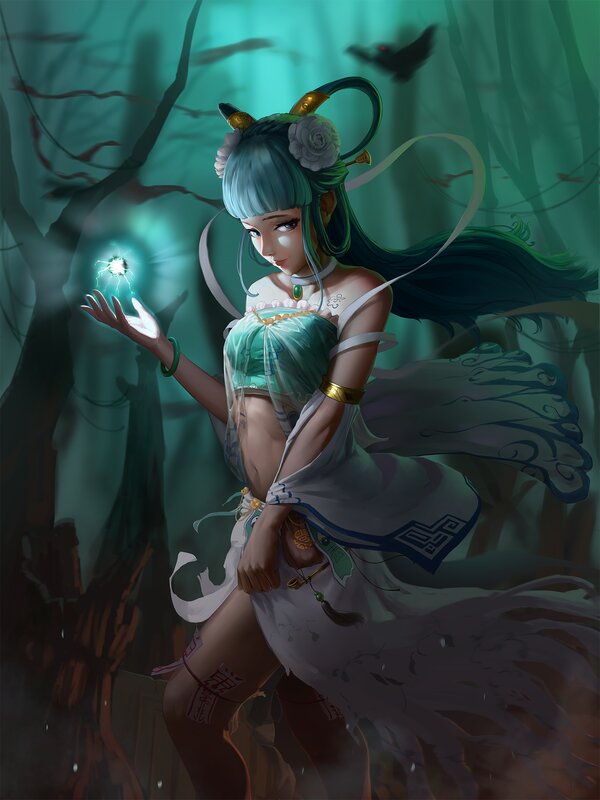 Woman with Green Hair — Mysterious, Night, Digital Art, Forest