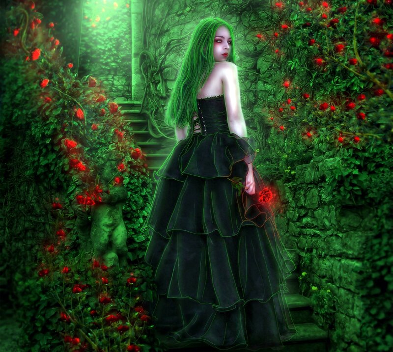 Woman with Green Hair — Mysterious, Night, Digital Art, Red Roses