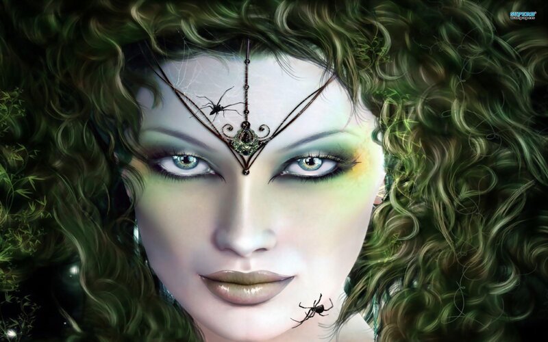 Woman with Green Hair — Mystical, Digital Art, Spider