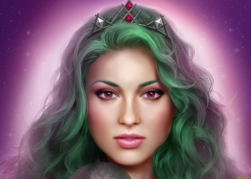Woman with Green Hair — Purple, Dramatic, Digital Art