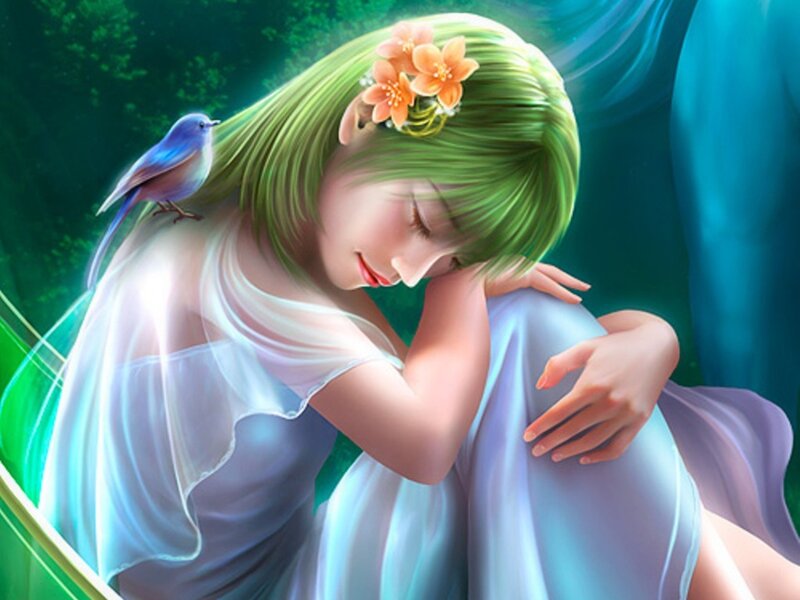 Woman with Green Hair — Serene, Digital Art, Bird