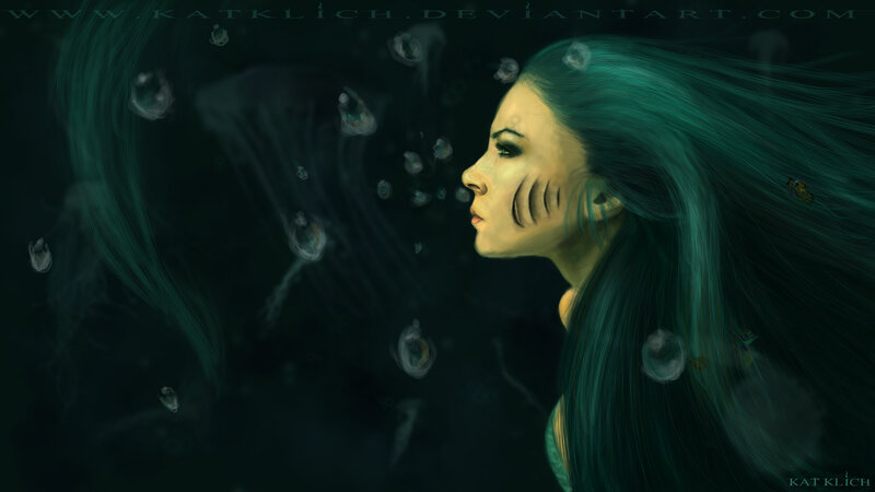 Woman with Green Hair — Serene, Digital Art, Bubbles