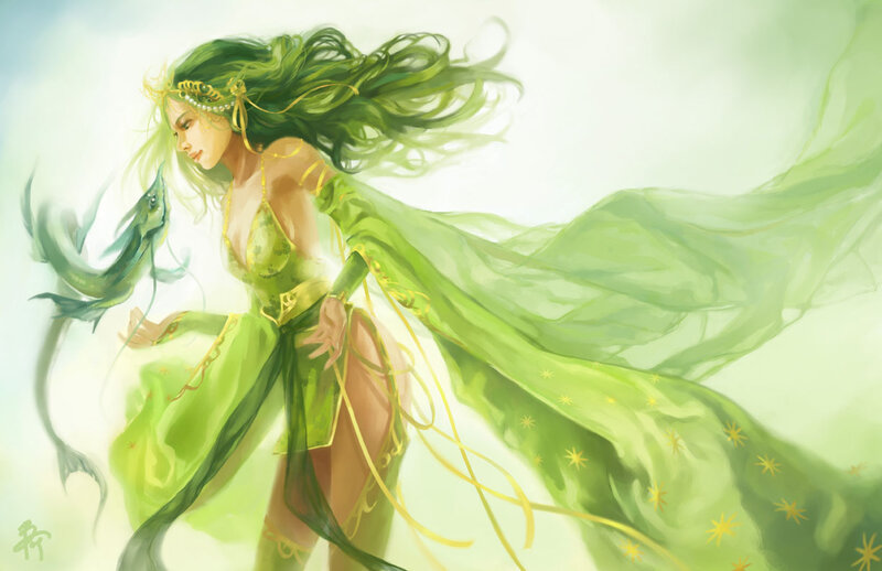 Woman with Green Hair — Serene, Digital Art, Dragon