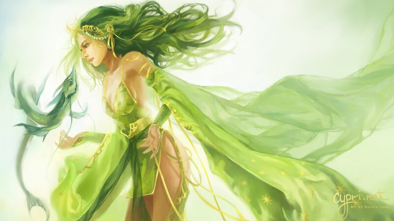 Woman with Green Hair — Serene, Digital Art, Fish