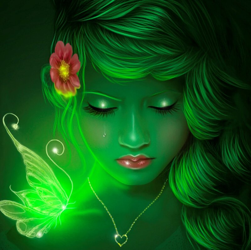 Woman with Green Hair — Serene, Digital Art, Flower