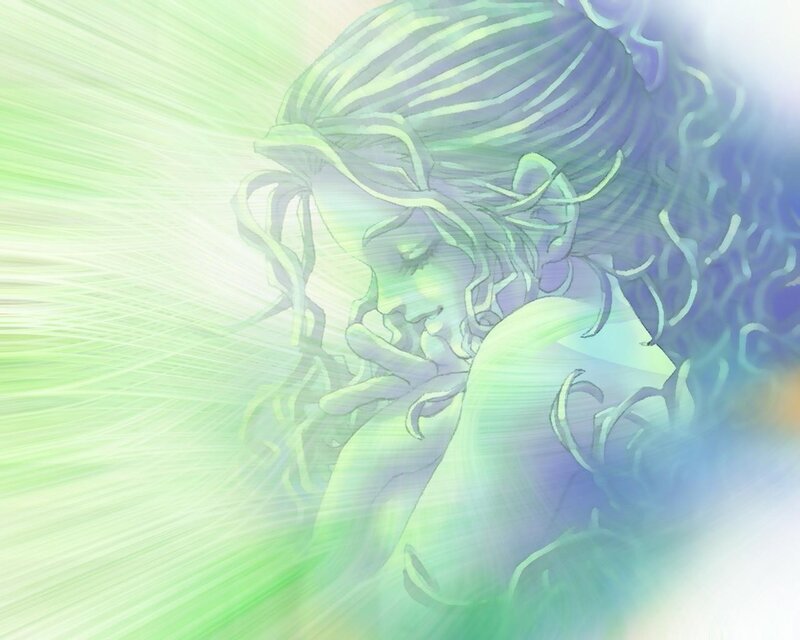 Woman with Green Hair — Serene, Digital Art, Light Rays