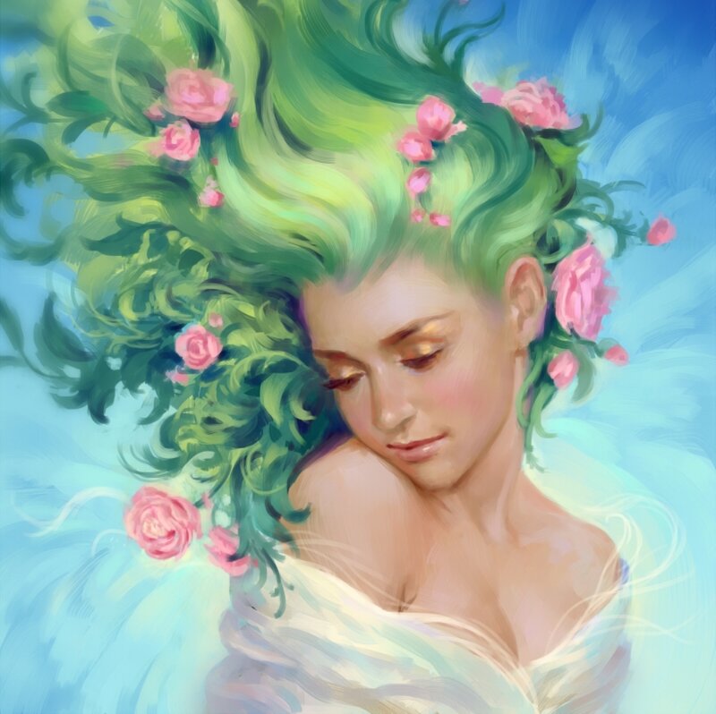 Woman with Green Hair — Serene, Digital Art, Roses