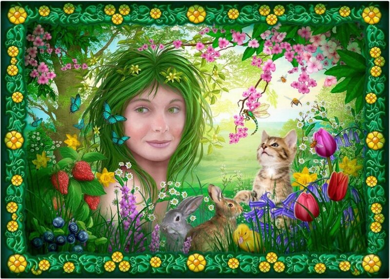 Woman with Green Hair — Serene, Spring, Digital Art, Kitten