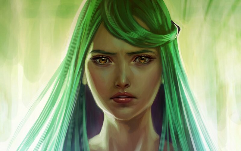 Woman with Green Hair — Serious, Digital Art