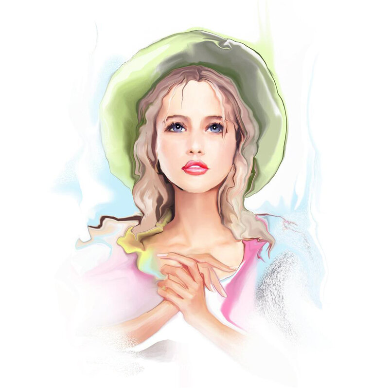 Woman with Green Hat — Serene, Digital Art