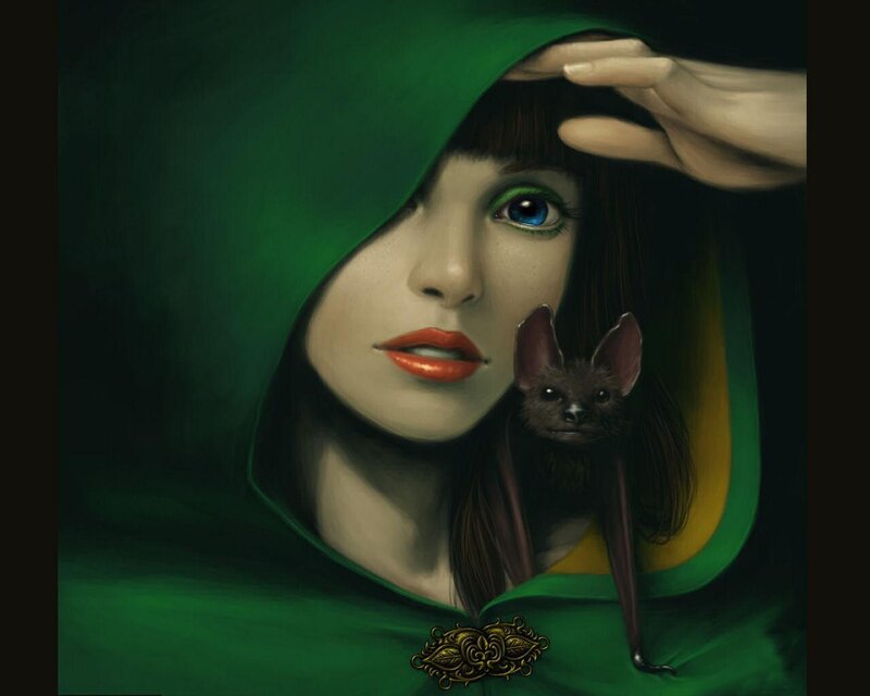woman with green hood and bat