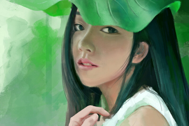 Woman with Green Leaf — Serene, Digital Art
