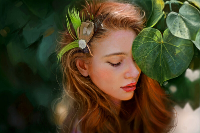 Woman with Green Leaves — Serene, Digital Art, Hair