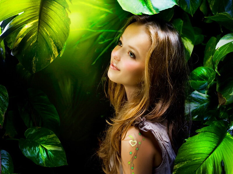 Woman with Green Leaves — Serene, Photograph