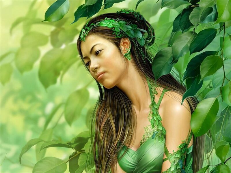 Woman with Green Leaves — Serene
