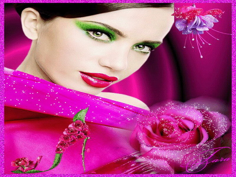 woman with green makeup and pink rose