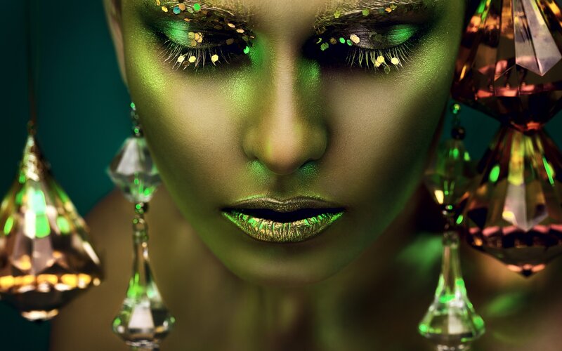 Woman with Green Makeup — Dramatic, Photograph, Glitter