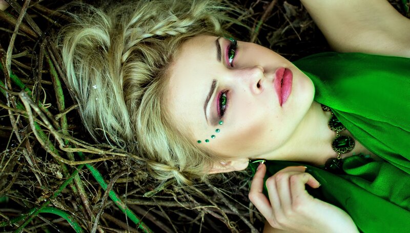 Woman with Green Makeup — Dramatic, Photograph, Green Dress
