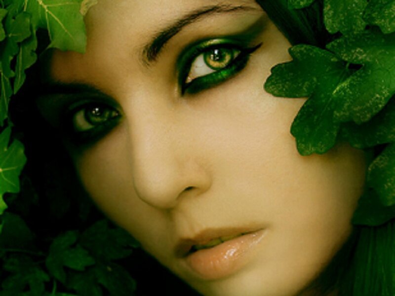 Woman with Green Makeup — Dramatic, Photograph, Leaves