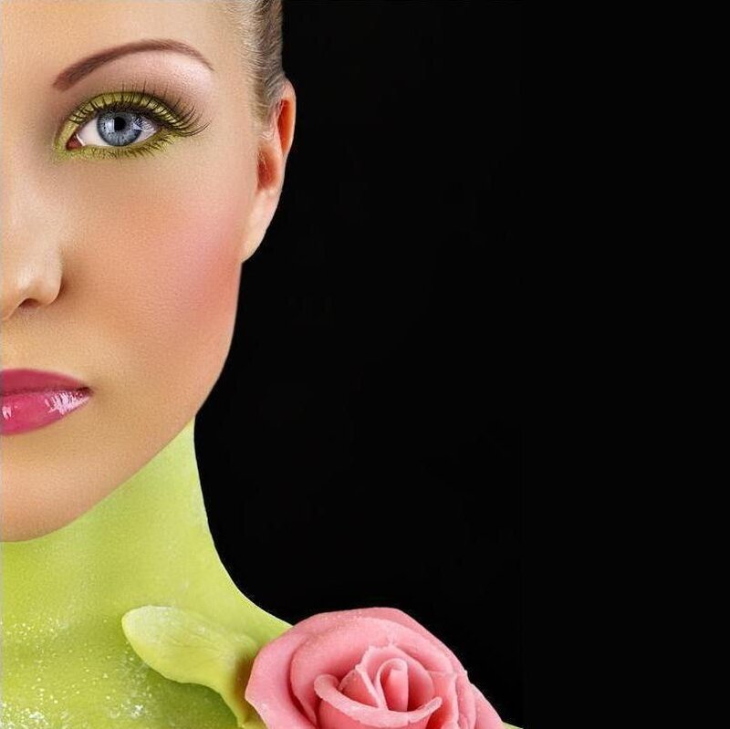 Woman with Green Makeup — Dramatic, Photograph, Rose