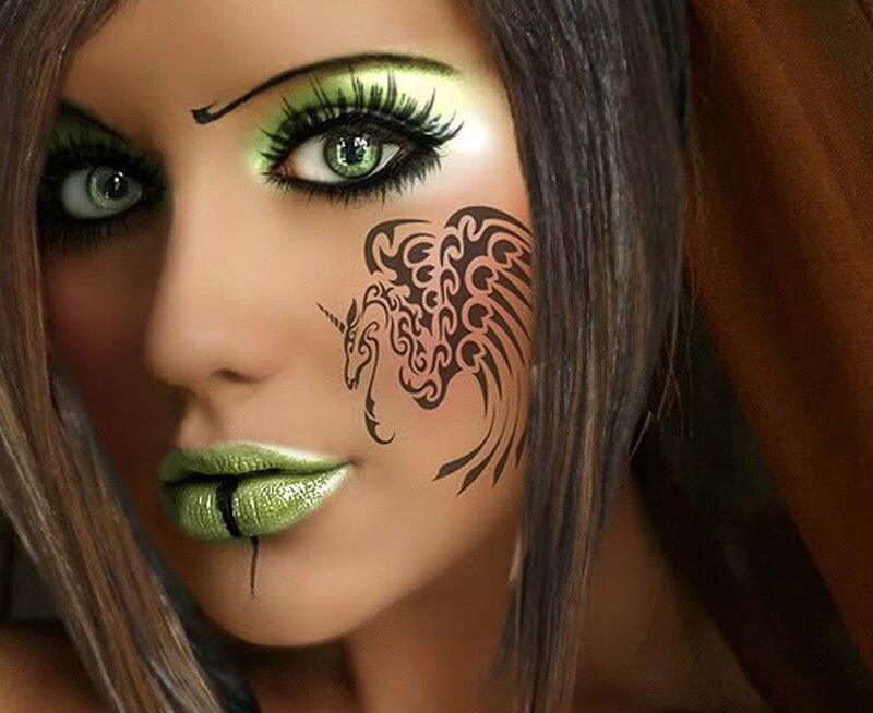 Woman with Green Makeup — Dramatic, Photograph, Tattoo