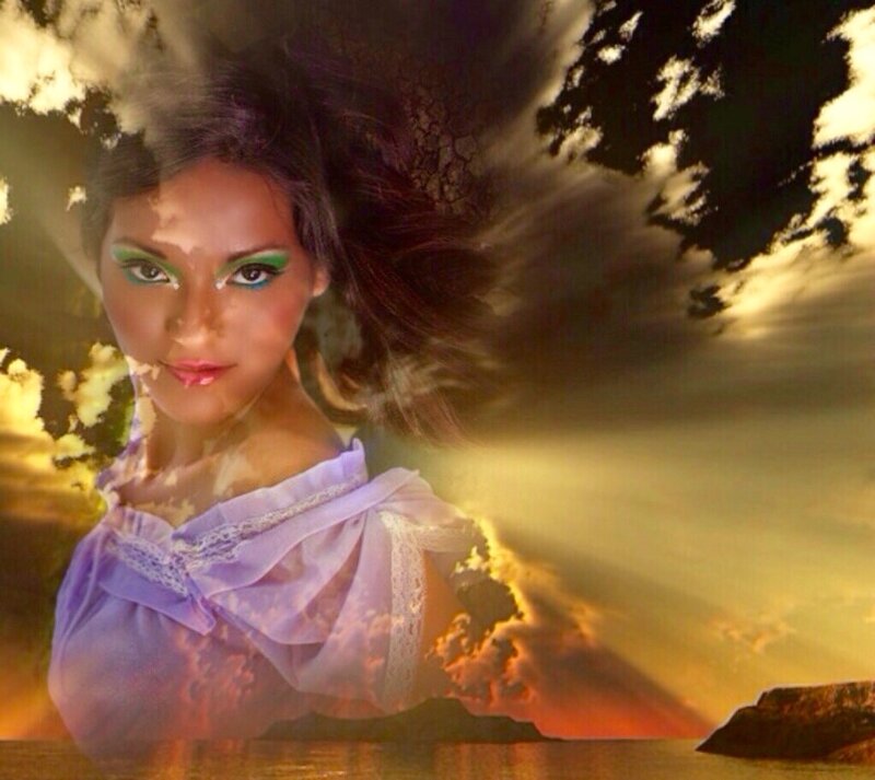 Woman with Green Makeup — Purple, Dramatic, Sunset