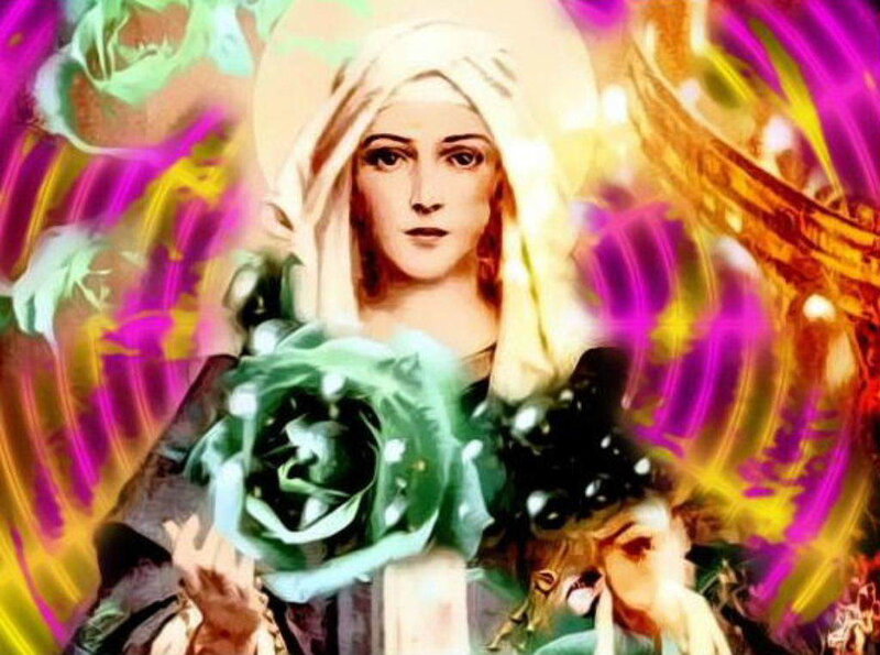 woman with green rose and vibrant background