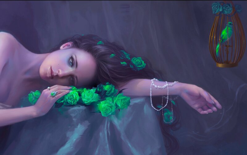 Woman with Green Roses