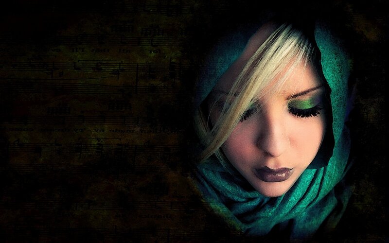woman with green scarf