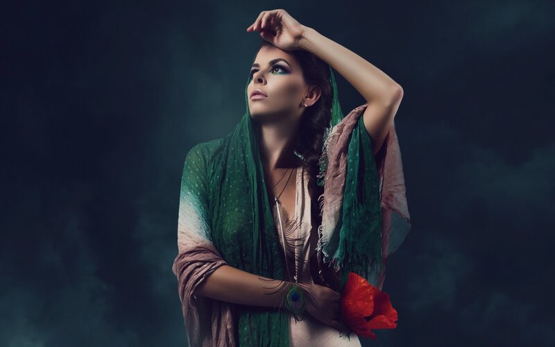 Woman with Green Scarf — Dramatic, Night