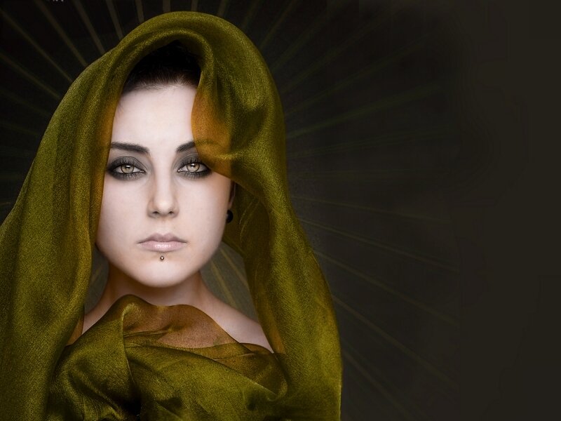 Woman with Green Scarf — Dramatic, Photograph