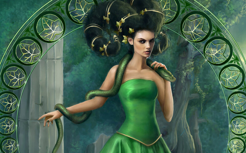 Woman with Green Snake — Dramatic, Digital Art, Green Dress