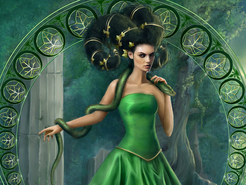 Woman with Green Snake — Dramatic, Digital Art