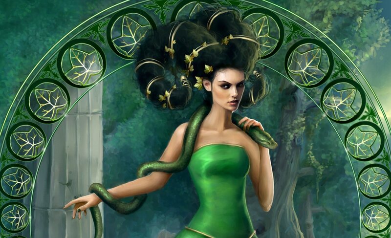 Woman with Green Snake — Dramatic, Digital Art, Tree, Dress
