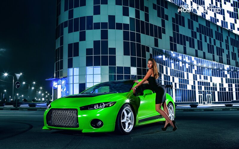 woman with green sports car