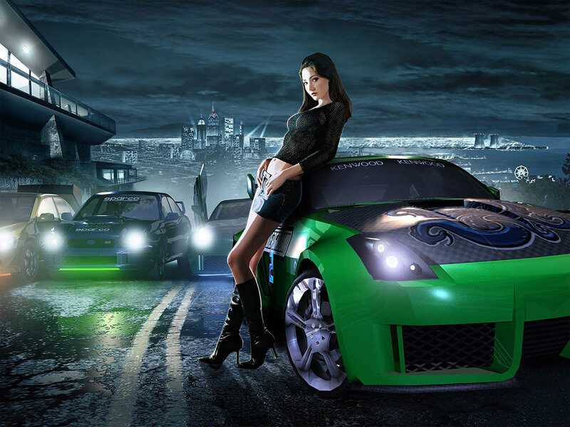 woman with green sports car